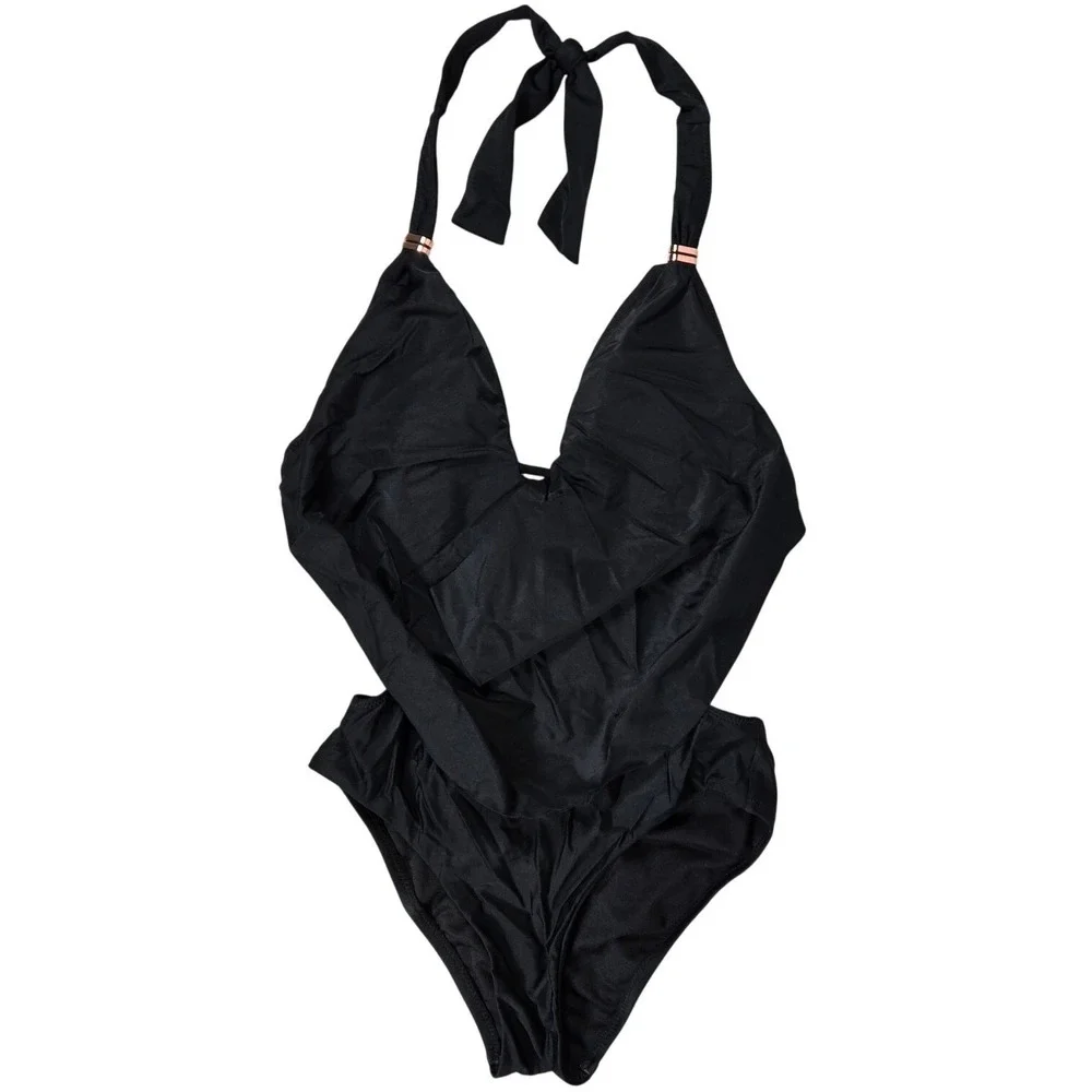 Bar III Solid Womens Cowlneck One-Piece Swimsuit in‎ Black XS
